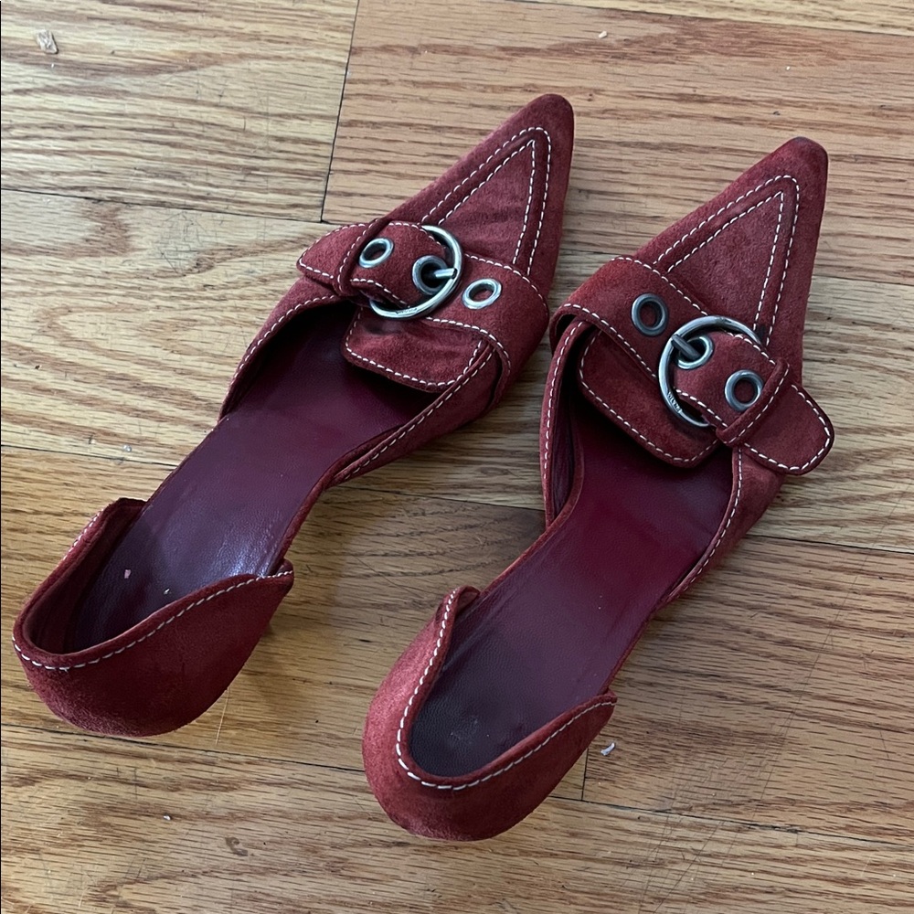 Prada Burgundy Kitten Heels with Buckle Accent